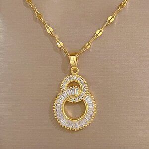 NEW 14K Yellow Gold Eternity Circles Crystal Luxury Necklace